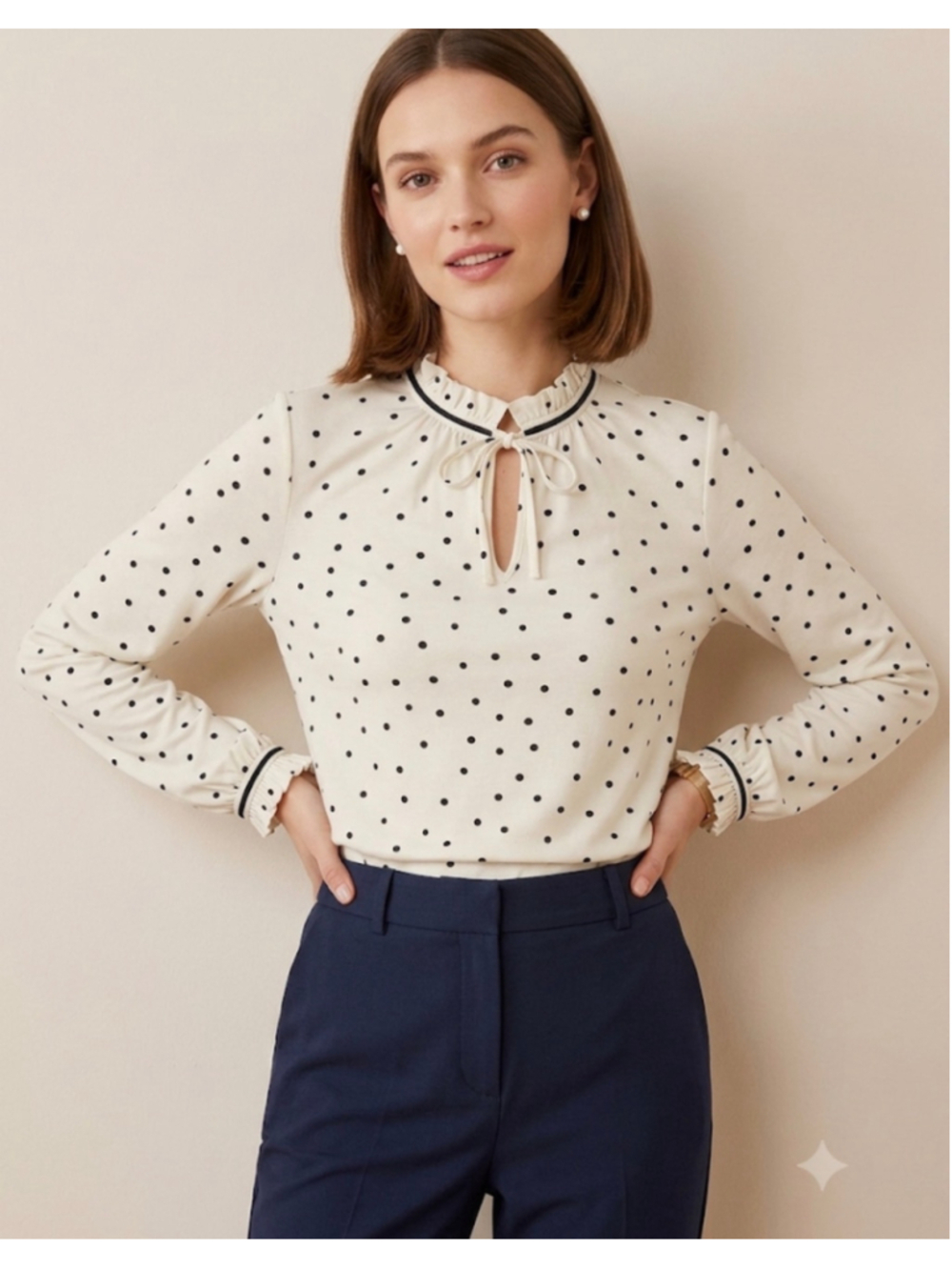 Boden White Black Polka Dot Ruffle Blouse Size 12